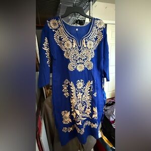 Blue Tunic with Cream Embroidery.  Size M but fits like a Lg
